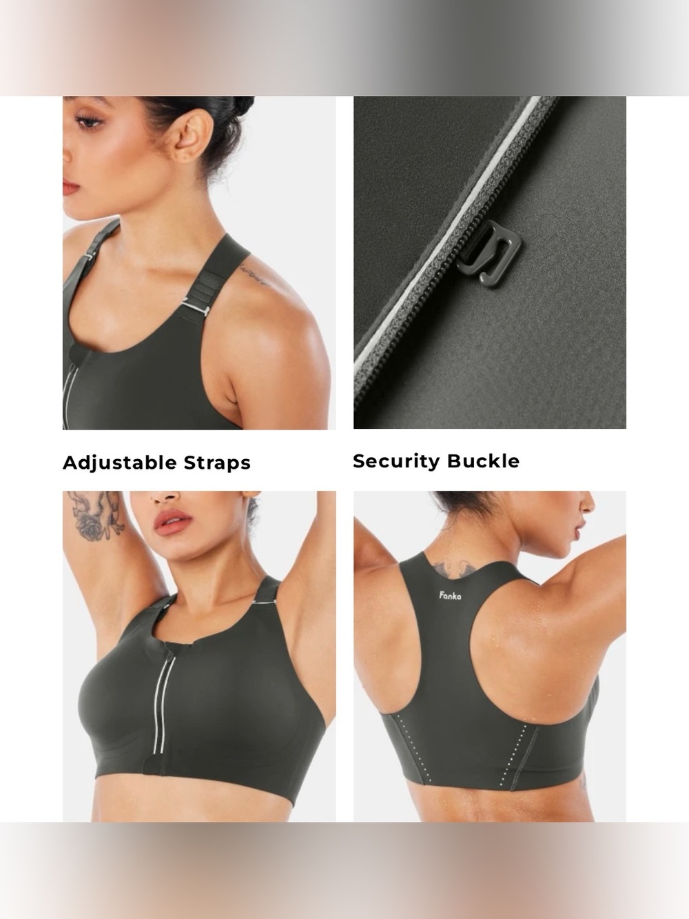 Fanka SpeedDry Front Zip Sports Bra Black High Impact Racerback Medium